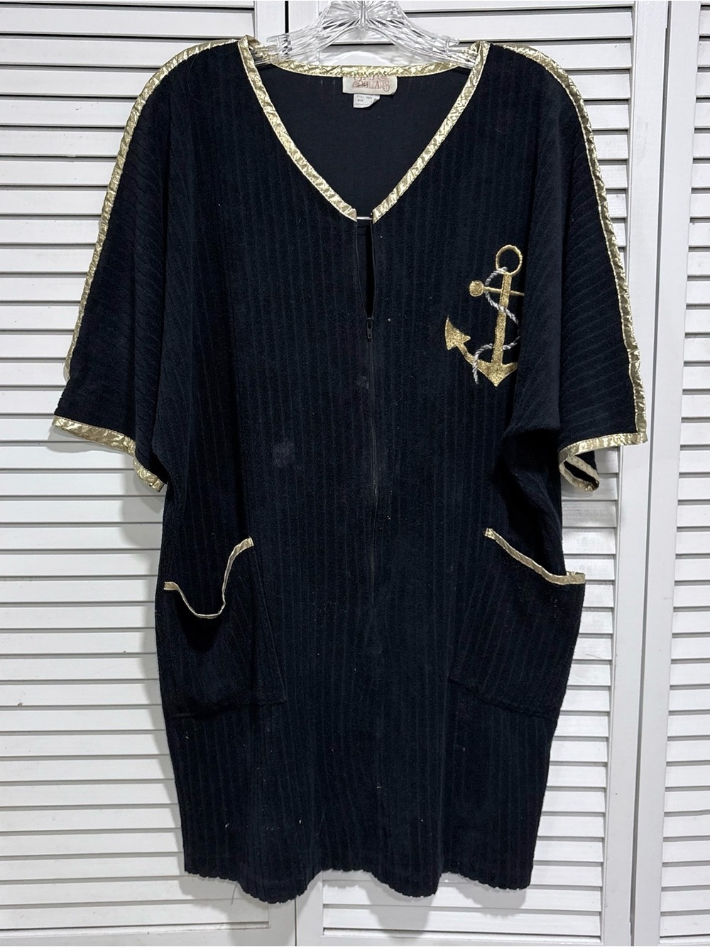 Vintage 90s Grid Dollars Black & Gold Metallic Anchor Zip Cover-Up Dress L